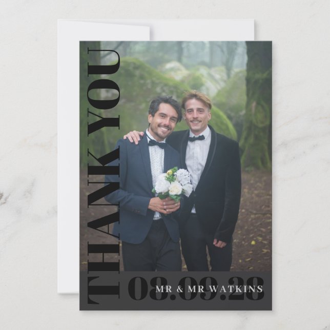 Elegant Charcoal Typography Wedding Photo Thank You Card (Front)