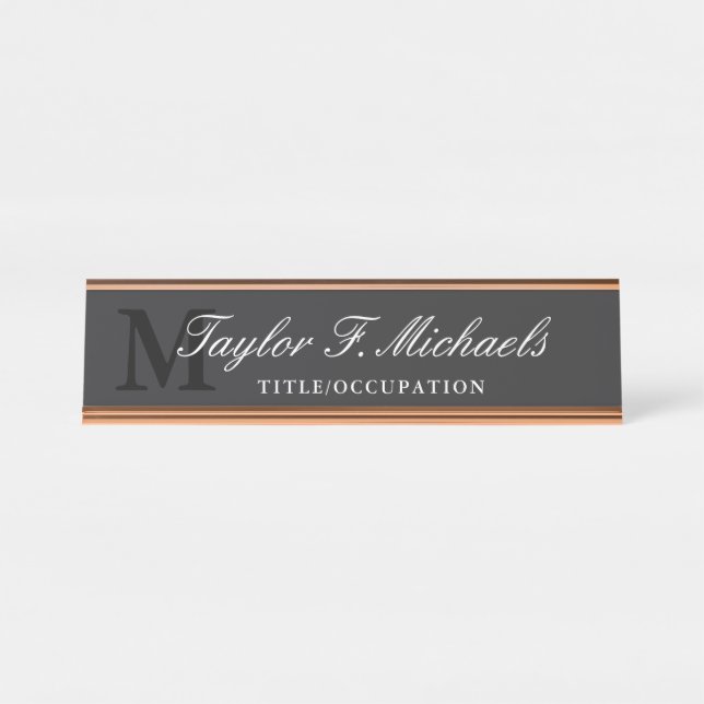 Elegant Charcoal White Monogram & Name Desk Name Plate (Front)