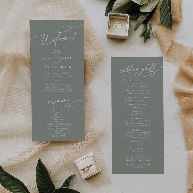 Elegant Charm Flat Dark Sage Wedding Program Programme (Creator Uploaded)