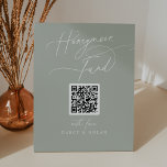 Elegant Charm Green QR Code Honeymoon Fund Sign<br><div class="desc">This elegant charm green QR code honeymoon fund sign is perfect for a simple wedding or bridal shower. The modern minimalist design features timeless pastel sage green and romantic calligraphy with bohemian fairytale style.

Personalise your honeymoon registry QR code sign with your names.</div>