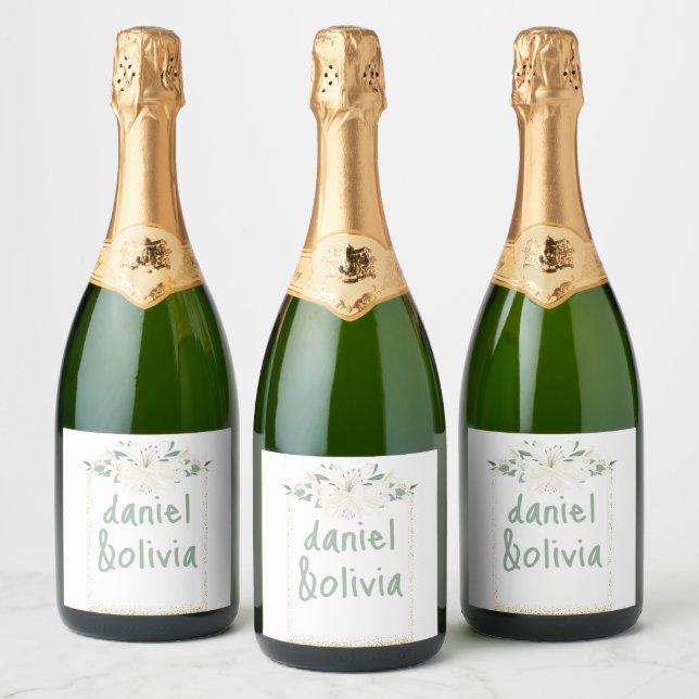 Elegant Charm Green Wildflower Wedding Sparkling Wine Label (Bottles)