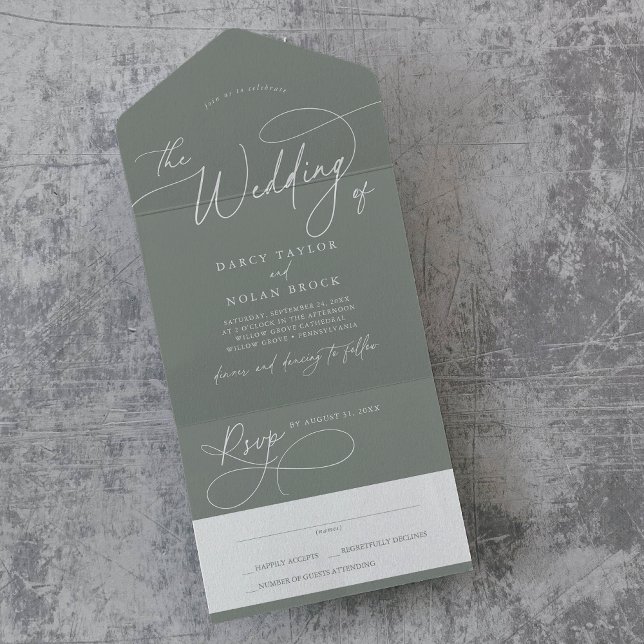 Elegant Charm RSVP Dark Sage Wedding All In One Invitation (Elegant Charm RSVP Dark Sage Wedding All In One Invitation)