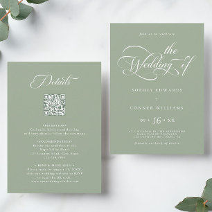 Elegant Charm Script Wedding All in One Sage Green Invitation