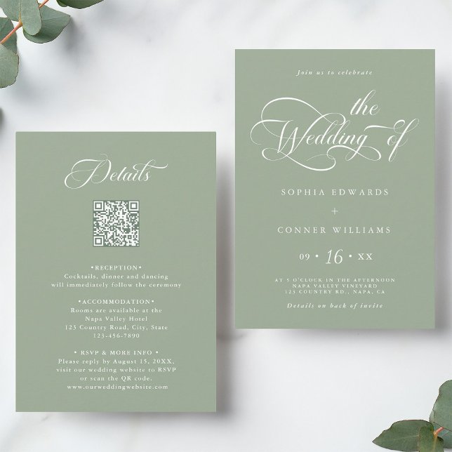 Elegant Charm Script Wedding All in One Sage Green Invitation (Front & Back)
