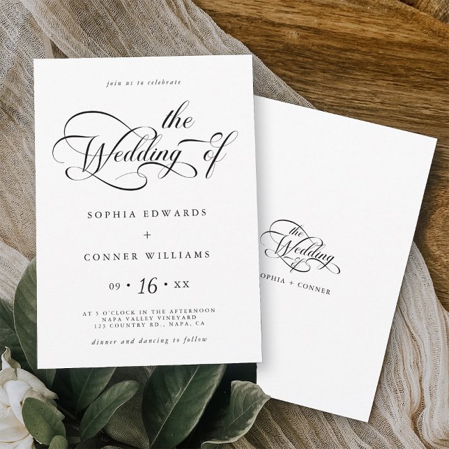 Elegant Charm Script Wedding Black and White Invitation (Front & Back)