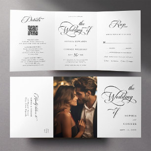Elegant Charm Script Wedding Black and White Tri-Fold Invitation
