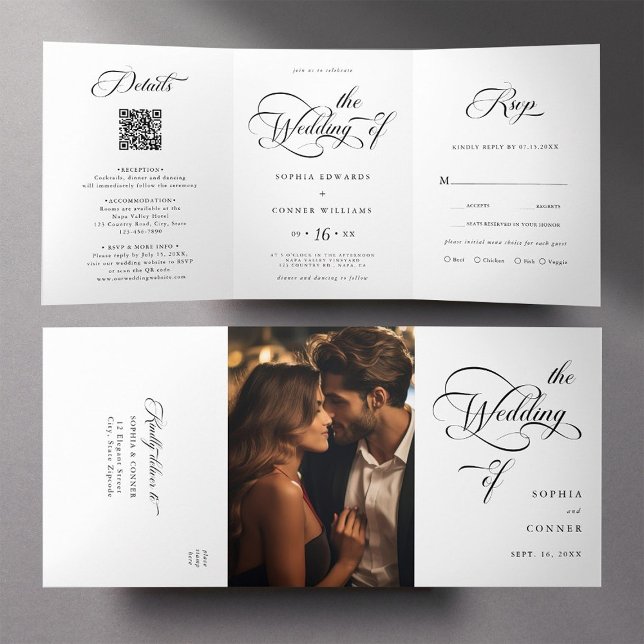 Elegant Charm Script Wedding Black and White Tri-Fold Invitation (Inside & Outside)