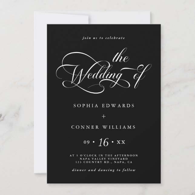 Elegant Charm Script Wedding Black  Invitation (Front)