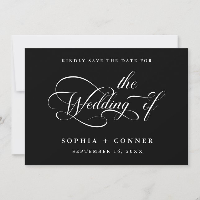 Elegant Charm Script Wedding Black  Save The Date (Front)