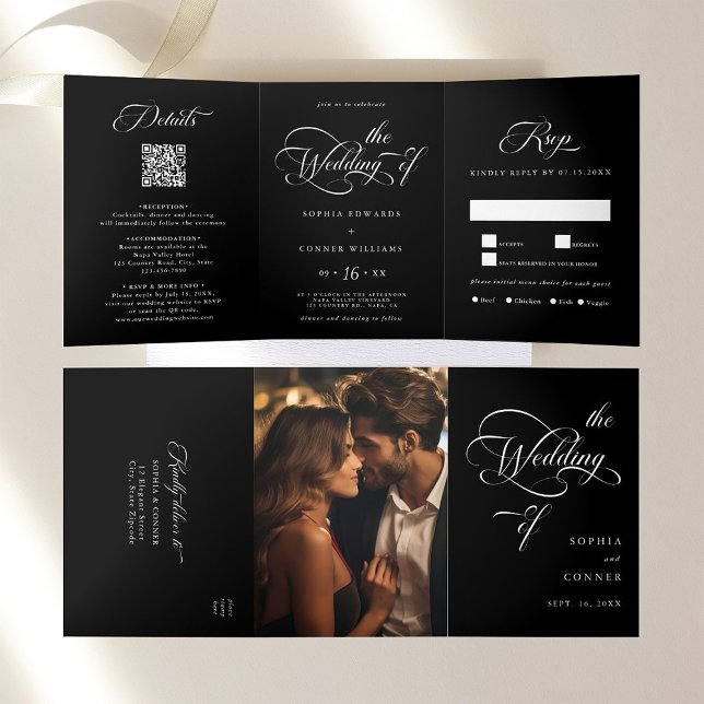 Elegant Charm Script Wedding Black  Tri-Fold Invitation (Inside & Outside)