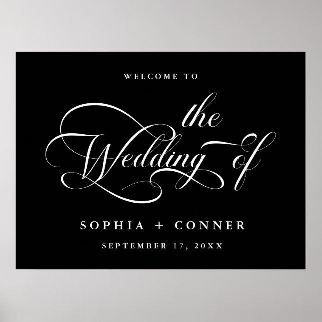 Elegant Charm Script Wedding Black Welcome Sign (Front)