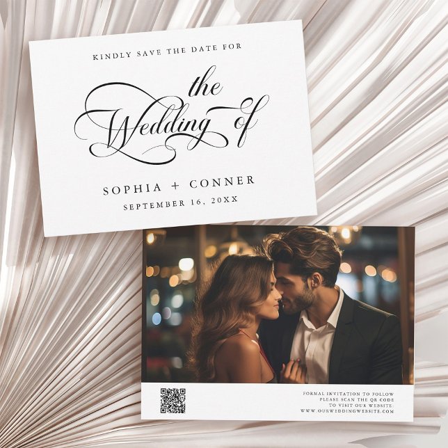 Elegant Charm Script Wedding Black & White Save The Date (Front & Back)
