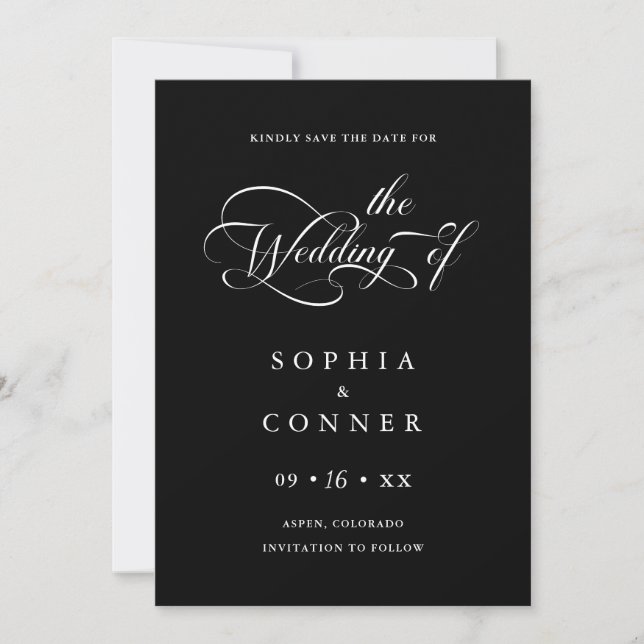 Elegant Charm Script Wedding Photo Black Save The Date (Front)