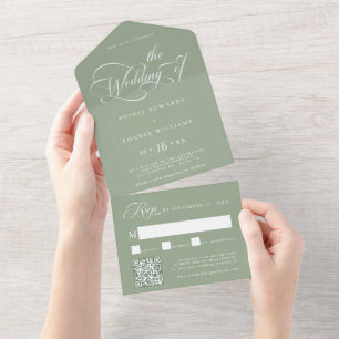 Elegant Charm Script Wedding Sage Green All In One Invitation