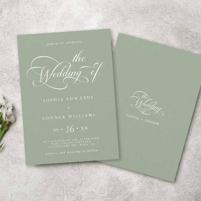 Elegant Charm Script Wedding Sage Green Invitation (Front & Back)