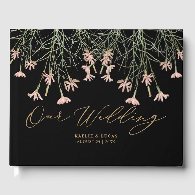 Elegant Charm  Wild Flower | Black & Gold Wedding  Guest Book (Front)