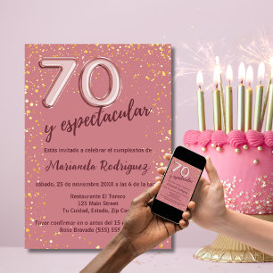 Elegant Charming Rose Gold 70th Birthday Spanish Invitation