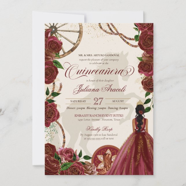 Elegant Charro Burgundy Roses Western Quinceanera  Invitation (Front)