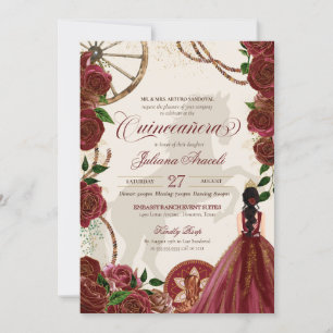 Elegant Charro Burgundy Roses Western Quinceanera Invitation