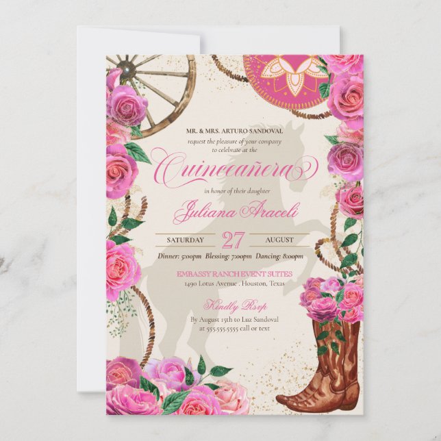 Elegant Charro Pink Rose Western Boots Quinceanera Invitation (Front)