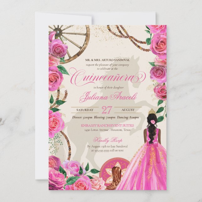 Elegant Charro Pink Rose Western Ranch Quinceanera Invitation (Front)