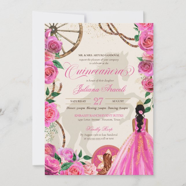 Elegant Charro Pink Rose Western Ranch Quinceanera Invitation (Front)