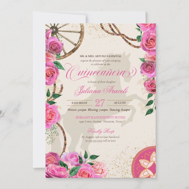 Elegant Charro Pink Rose Western Ranch Quinceanera Invitation (Front)