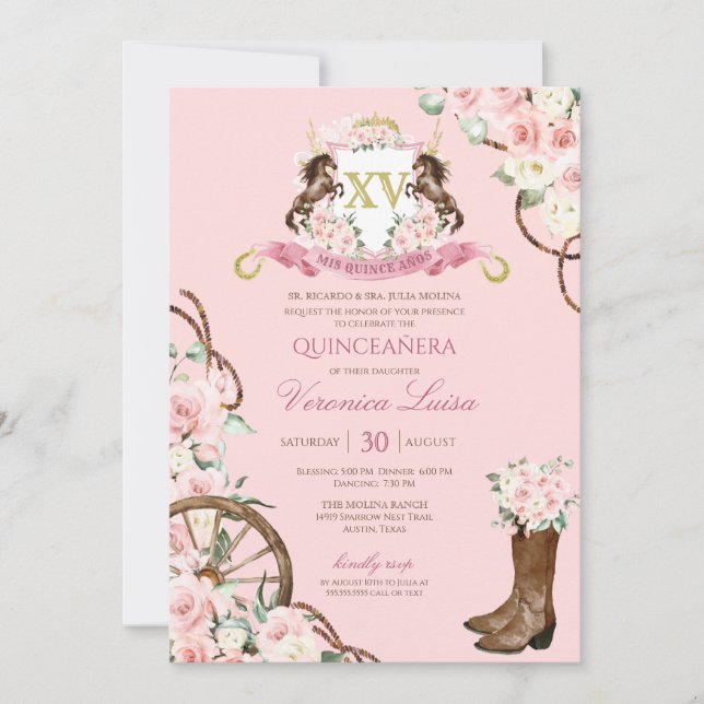 Elegant Charro Quinceanera White Pink Floral Invit Invitation (Front)