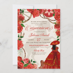 Elegant Charro Red Roses Mariachi Quinceañera Invitation
