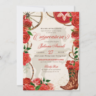 Elegant Charro Red Roses Western Boots Quinceanera Invitation