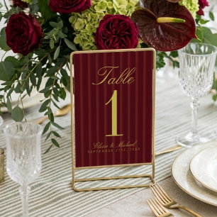 Elegant Chartreuse Burgundy Simple Stripe Wedding Table Number