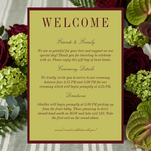 Elegant Chartreuse Burgundy Wedding Welcome Programme (Elegant Chartreuse Burgundy Wedding Welcome Program)