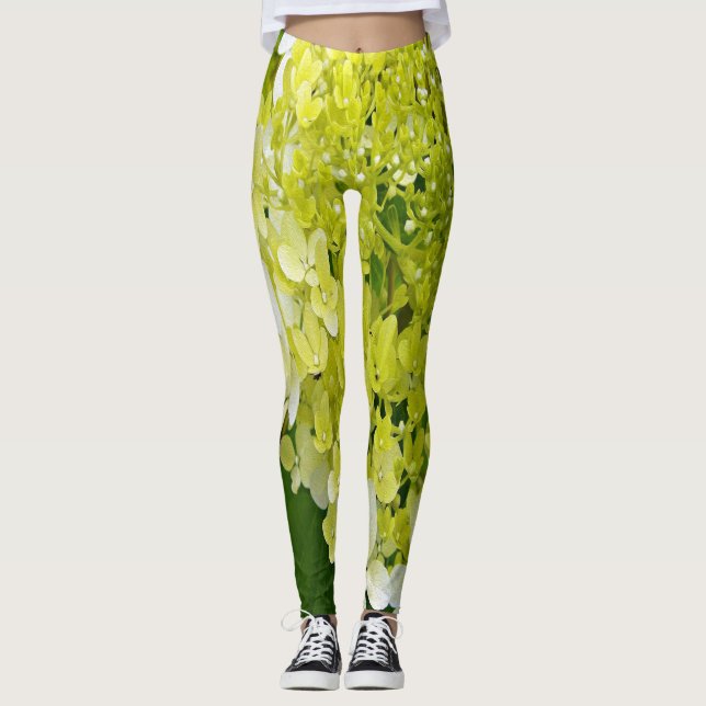 Elegant Chartreuse Green Limelight Hydrangea Leggings (Front)