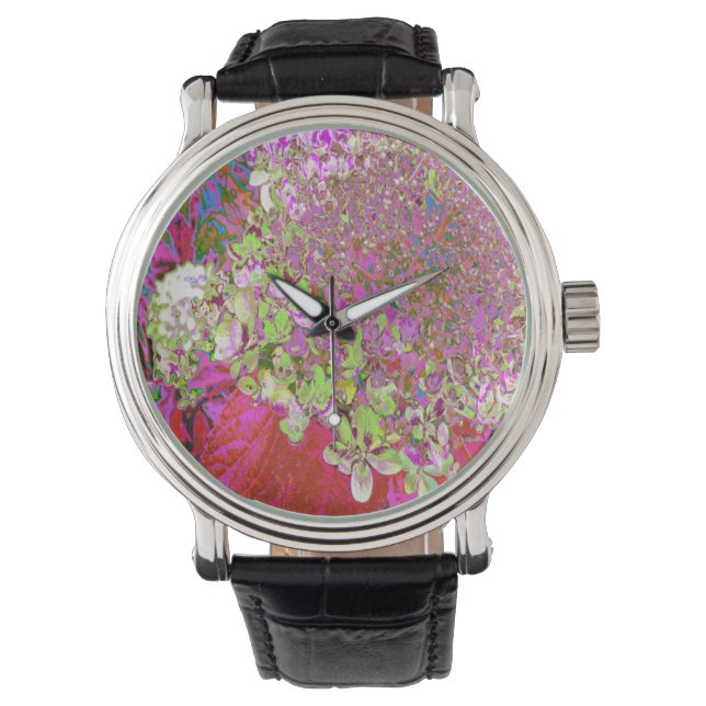 Elegant Chartreuse Green, Pink and Blue Hydrangea Watch (Front)