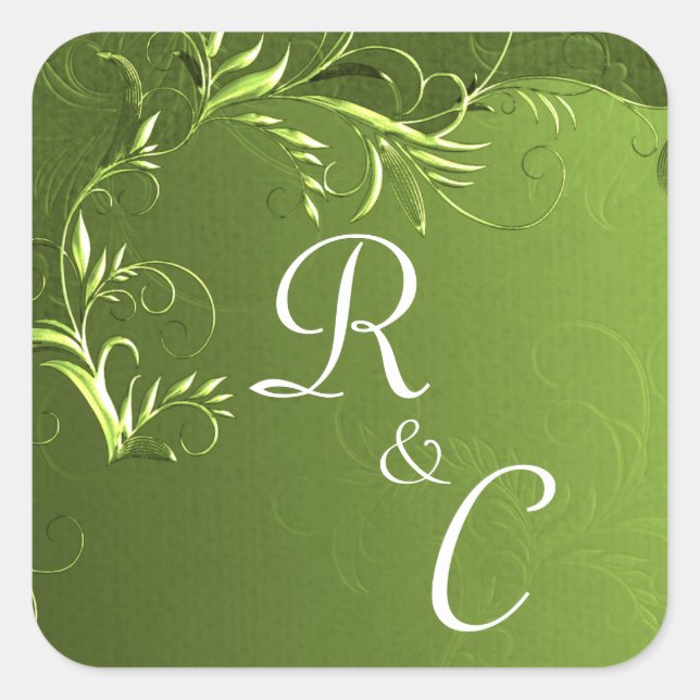 Elegant Chartreuse Green Wedding Monogrammed Square Sticker (Front)