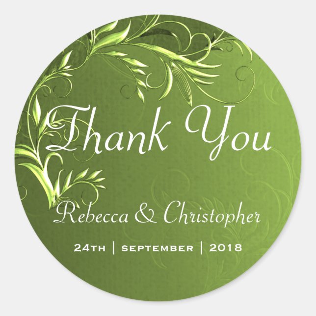 Elegant Chartreuse Green Wedding Thank You Classic Round Sticker (Front)