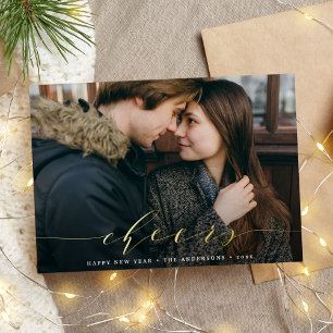 Elegant Cheer Script Photo New Year Foil Holiday Card