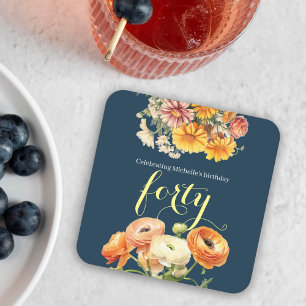 Elegant Cheerful Floral 40th Birthday Party Square Paper Coaster