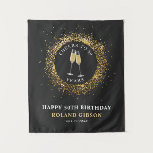 Elegant Cheers Black and Gold Birthday Backdrop Tapestry