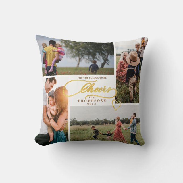 Elegant Cheers Gold Christmas Four Photo Collage Cushion (Front)