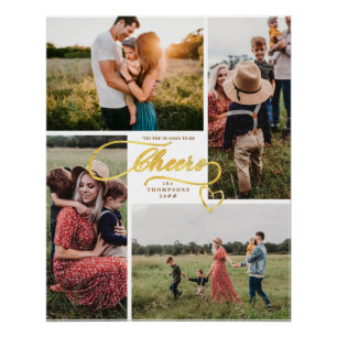 Elegant Cheers Gold Christmas Four Photo Collage Poster