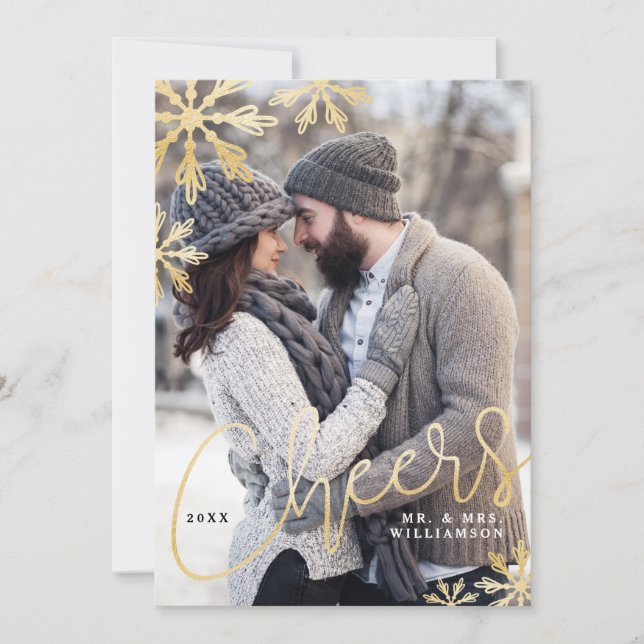 Elegant Cheers Gold Snowflake Newlyweds Photo Holiday Card (Front)