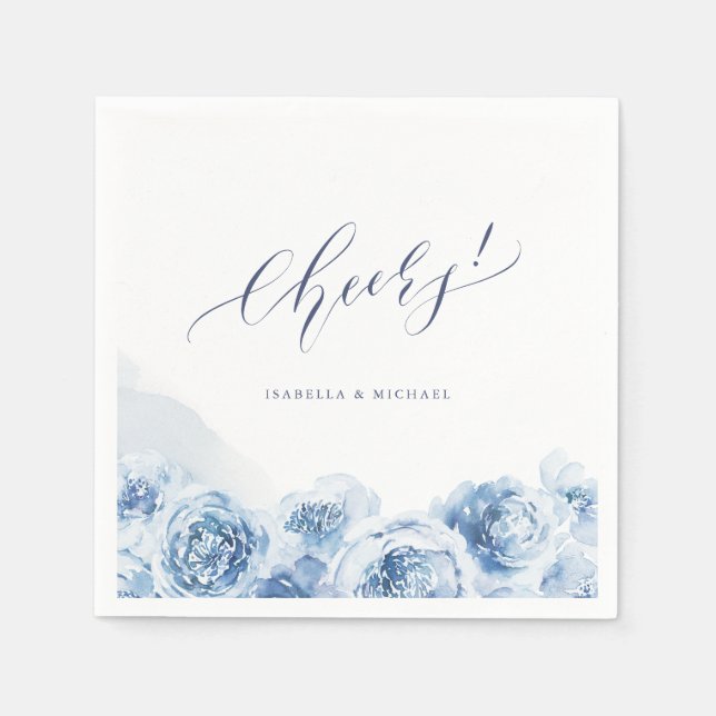 Elegant cheers script blue watercolor floral napkin (Front)