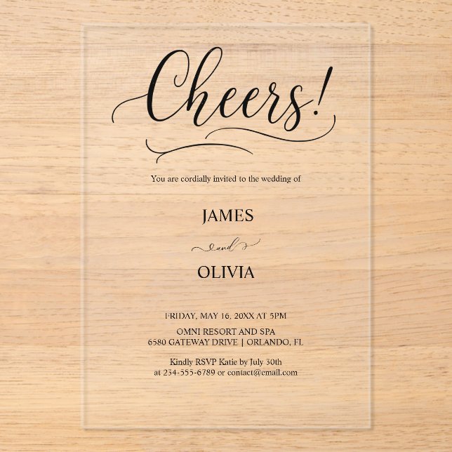 Elegant Cheers Script Clear Acrylic Wedding  Invitations (Front)