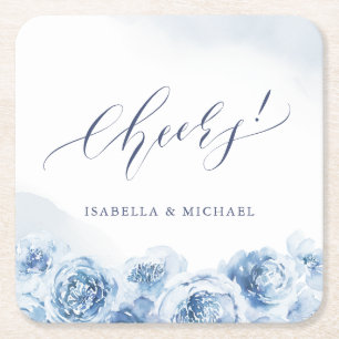 Elegant cheers script dusty blue floral wedding square paper coaster