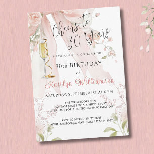 *Elegant Cheers to 30 Years Pink Bow Floral Invitation