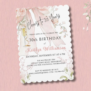 *Elegant Cheers to 30 Years Pink Bow Floral   Invitation