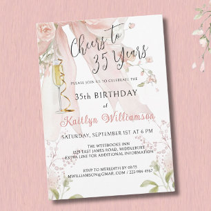 *Elegant Cheers to 35 Years Pink Bow Floral   Invitation