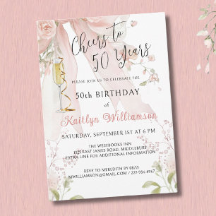 Elegant Cheers to 50 Years Pink Bow Floral   Invitation