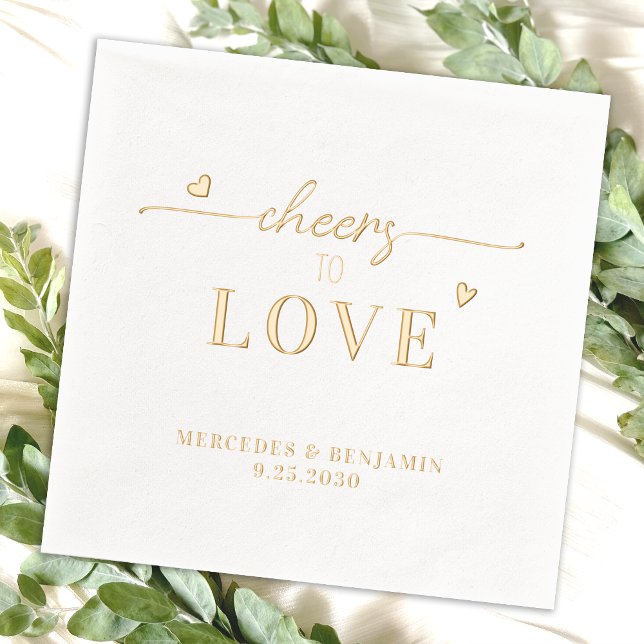 Elegant Cheers To Love Custom Gold Hearts Wedding Foil Napkins (Creator Uploaded)